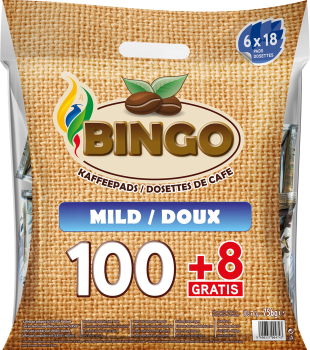 BINGO - SENSEO®* COMPATIBLE COFFEE PADS - MILD - 100 + 8 PCS