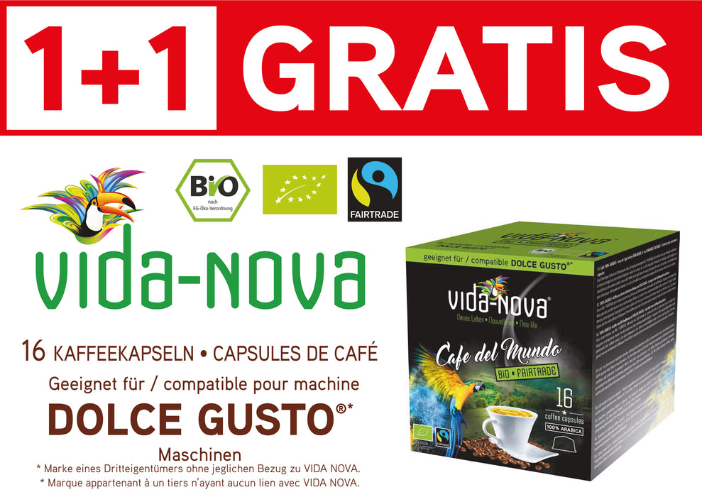 VIDA NOVA - DOLCE GUSTO®* COMPATIBLE COFFEE CAPSULES - CAFE DEL MUNDO - 100% ARABIC ORGANIC & FAIRTRADE - 16 PCS
